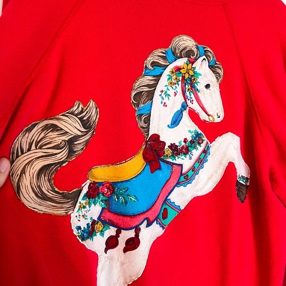 Vintage 1980's Embellished Applique Red XL Carousel Horse Sweatshirt - Picture 2 of 5